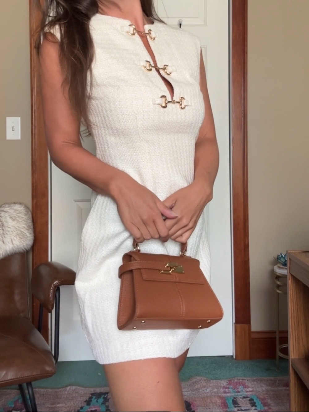 Commense NWT Cream Tweed mini Dress with Gold Hardware